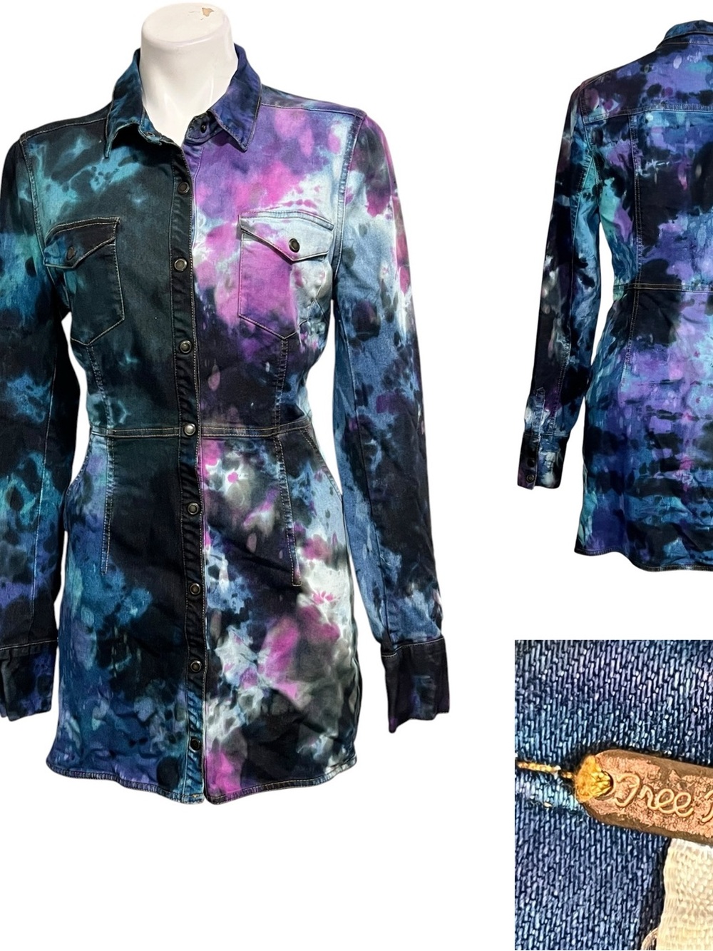 Free People denim mini dress M Blue Tie-Dye Button-Up stretch casual street wear